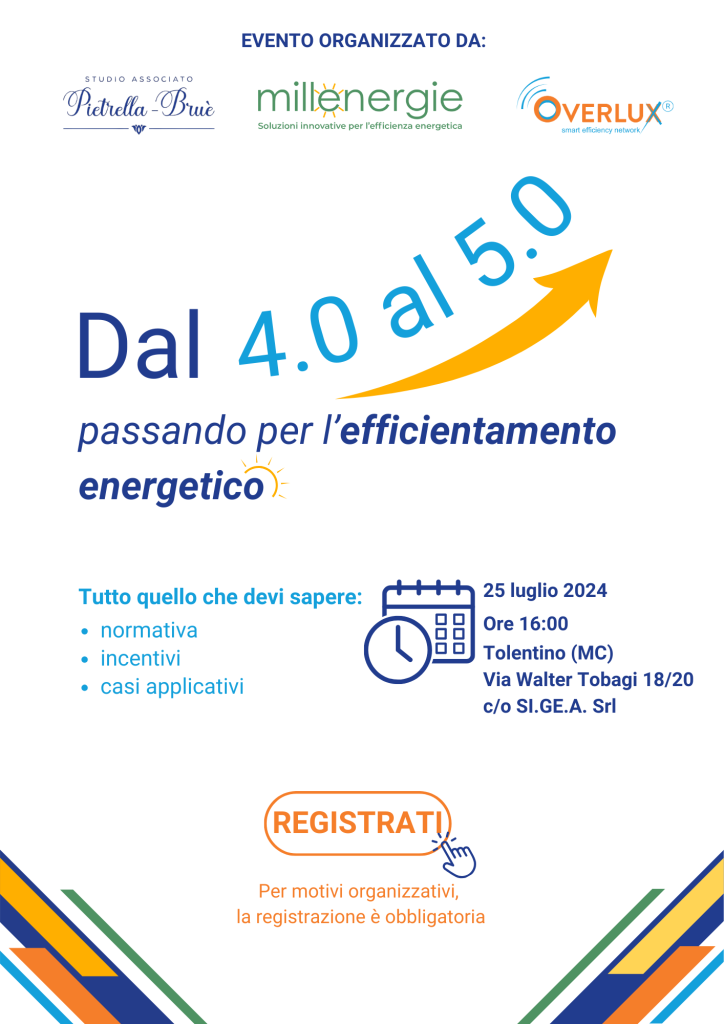 Il prossimo 25 luglio saremo partner di un evento dedicato all'efficientamento energetico, ponendo particolare attenzione alla transizione 5.0 dei processi produttivi.